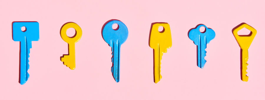 A colorful set of differently shaped keys.