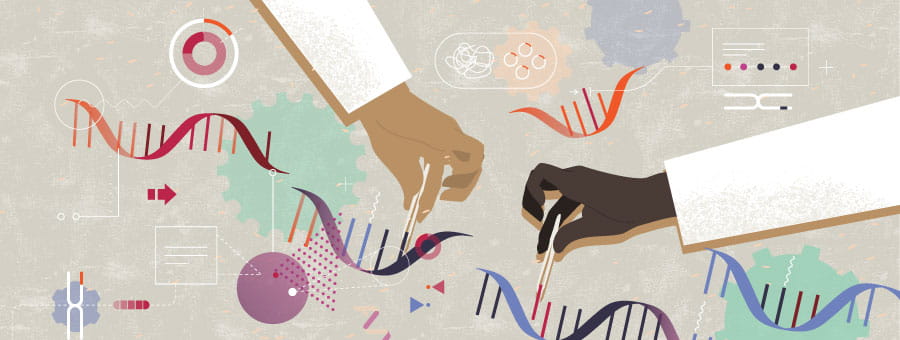 Illustration depicting scientists performing genetic research.