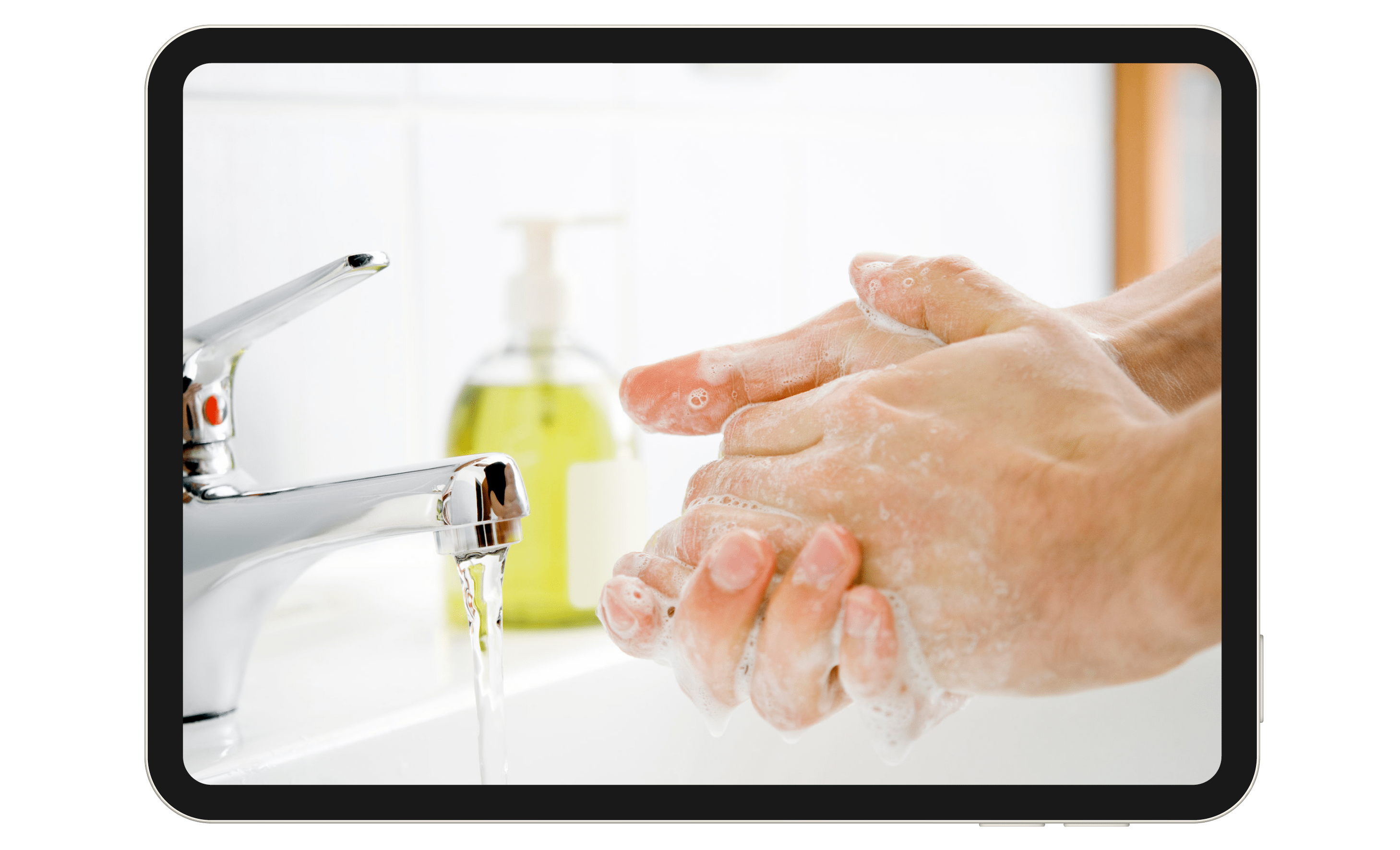 Washing hands in front of a sink faucet.